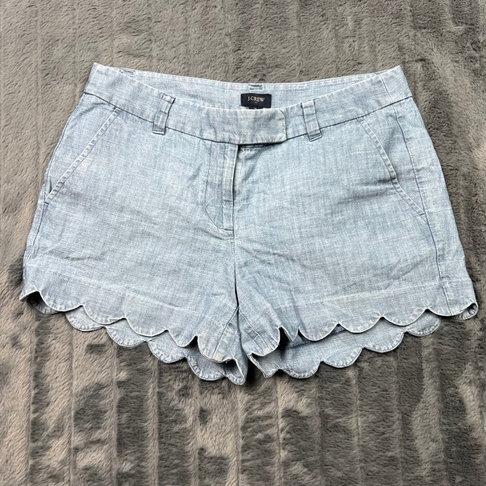 J.Crew Womens Light Blue Scalloped Hem Chambray Cotton Shorts Size 2 Indigo
